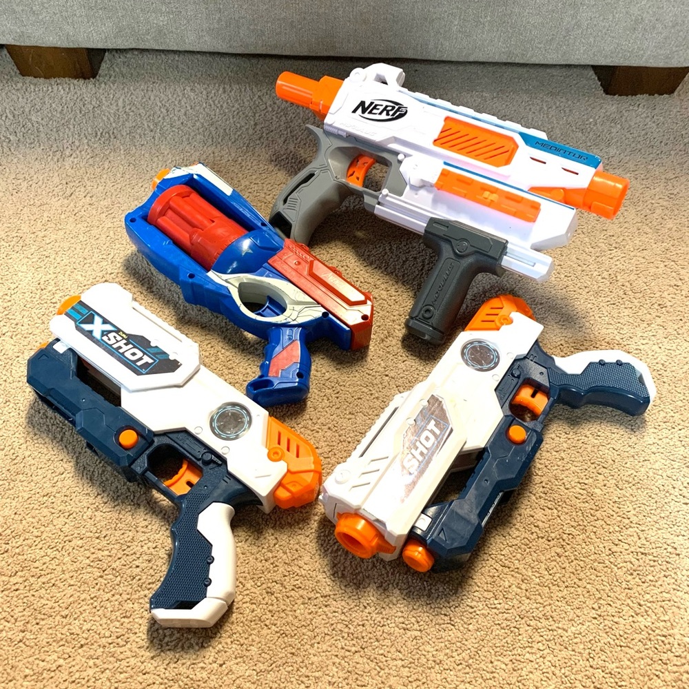 Nerf and X-Shot Toy Blaster Set - White, Blue, Orange